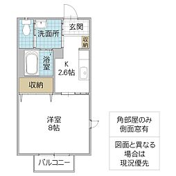 アンズコートB 1Kの間取図画像