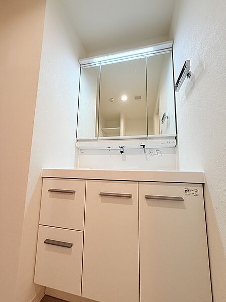 お出かけ前の身だしなみに一歩差がつく三面鏡。ミラー裏にはたっぷり収納もございます。