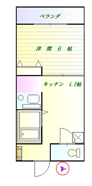 画像2:1Kながら4.8帖のキッチンと6帖の洋室は単身でも十分の広さです。バス・トイレ別。