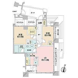 [間取] 間取図／6階部分南東北3方角住戸、2LDK＋Wic＋専用ポーチ、上階はありません。