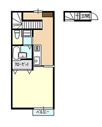 K's migita A 2階1Kの間取り