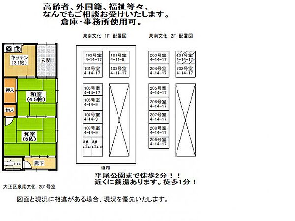 泉南文化 201｜大阪府大阪市大正区平尾4丁目(賃貸アパート2K・2階・32.60㎡)の写真 その2