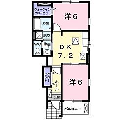 コスモグレイスA棟 2DKの間取図画像