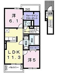 ベルアンジュ別府III 2階2LDKの間取り