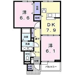 ノースリバー 1階2DKの間取り