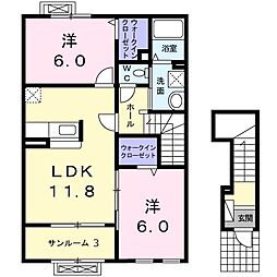 カンパーヌII 2階2LDKの間取り
