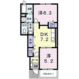 デーア・マーベラスＢ 1階2DKの間取り