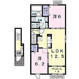 シャンティIIＡ 2階2LDKの間取り