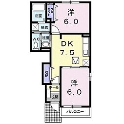 ベル・アンジュA棟 2DKの間取図画像