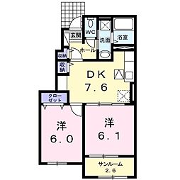 カークA棟 2DKの間取図画像