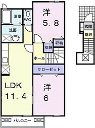 サンリセスB 2LDKの間取図画像