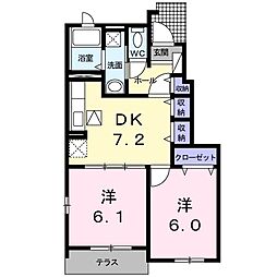 ヴィラ　アイリス　Ｂ棟 1階2DKの間取り