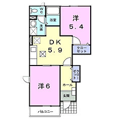Ｐｌｅａｓａｎｔ・ＭII 1階2Kの間取り