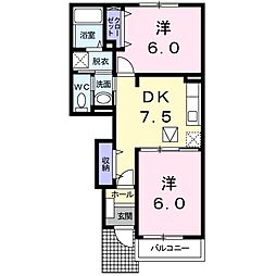 ゼファーI 1階2DKの間取り