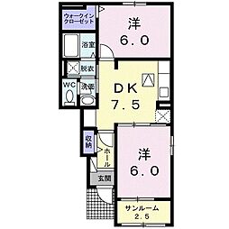 クレセントＡ 1階2DKの間取り