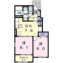 ブリーゼ・Ｍ 1階2DKの間取り