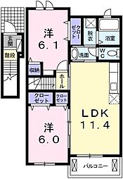 プラシード弐番館 2LDKの間取図画像