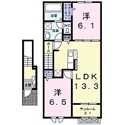 ニューカトレア　I 2階2LDKの間取り