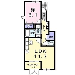 ベルフールB棟 1LDKの間取図画像