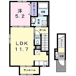 プランドールＢ 2階1LDKの間取り