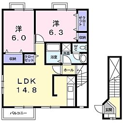 サンシャイン雲雀D 2LDKの間取図画像