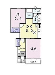 Ｐｌｅａｓａｎｔ・ＭII 1階2Kの間取り