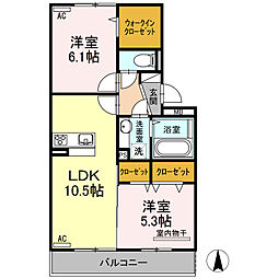 ラフィーネ益城　B棟 3階2LDKの間取り