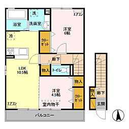 東武伊勢崎線 太田駅 4.9kmの賃貸アパート 2階2LDKの間取り