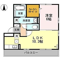 リビングタウン北川添　B棟 1階1LDKの間取り