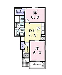 サンパティオベルＢ 1階2DKの間取り