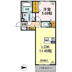 パティオ大津II 2階1LDKの間取り
