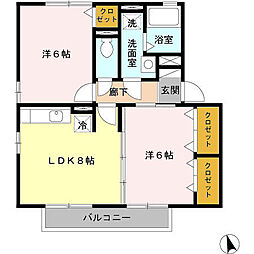 フルール・プリムヴェール　D棟 2階2DKの間取り