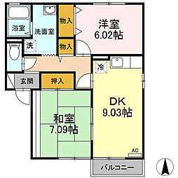 サンライズ夜市A棟/B棟　A棟 2階2DKの間取り