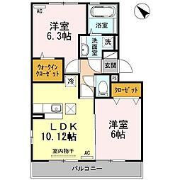 ライジングサン西宮　B棟 1階2LDKの間取り