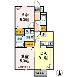 ハニーテラス 1階2DKの間取り