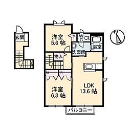 メゾン・ラ・パヴィエ　Ｂ棟 2階2LDKの間取り