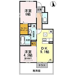 カーサアリエッタA・B・C　A棟 1階2DKの間取り
