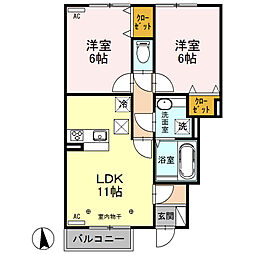 ベルフォンティーヌ 1階2LDKの間取り