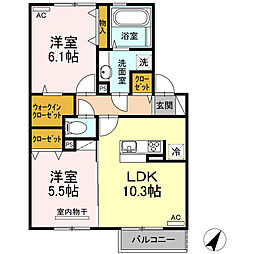 ヴィラージュ月出　B棟 2階2LDKの間取り