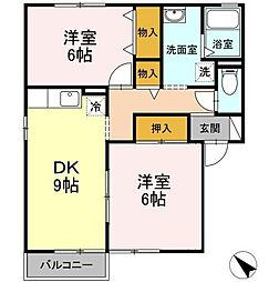 シェレナ山下　XI棟 1階2DKの間取り
