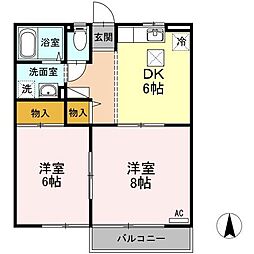 セジュール三本柳 1階2DKの間取り