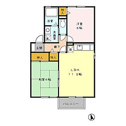 セジュールかながわ　B棟 2階2LDKの間取り