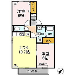 セジュールFX東　A棟 2階2LDKの間取り