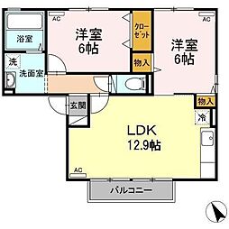 ウィルモア皆生S 2階2LDKの間取り