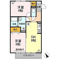 オーシャンヴューB　B棟 2階2DKの間取り