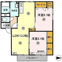ラシェット　エムザ　B棟 1階2LDKの間取り