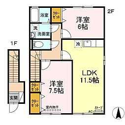 アムール和II 2階2LDKの間取り