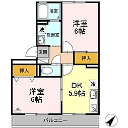 シャトレー西本 3階2DKの間取り