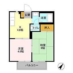 ソレイユ若葉　A 2階2Kの間取り