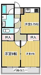 エクセルあまちB 2DKの間取図画像